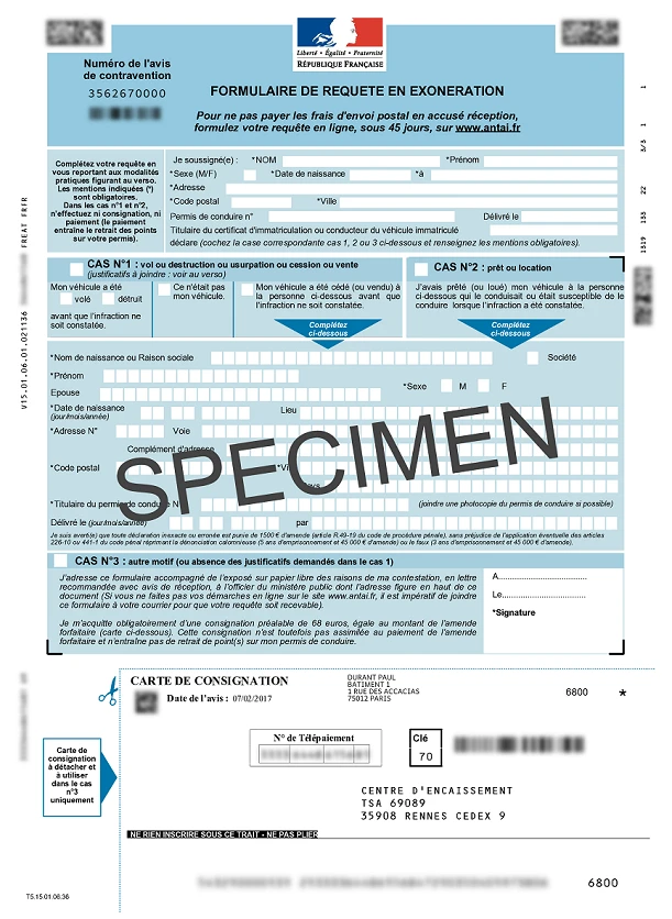 Image recto d'un spécimen de formulaire de requête en exonération pour avis de contravention