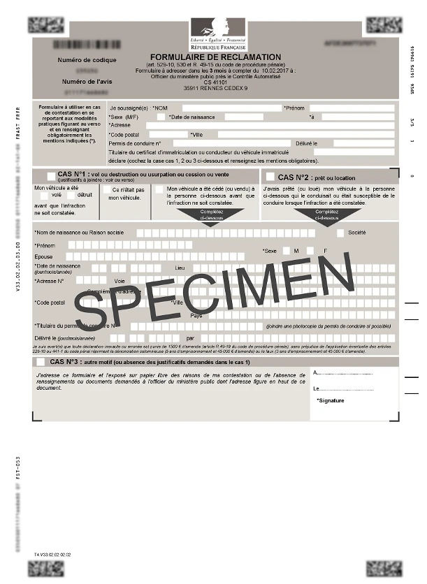 Image recto d'un spécimen de formulaire de reclamation pour avis de contravention