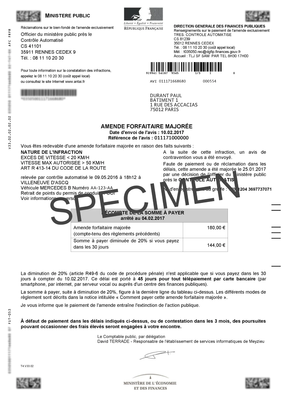 Image recto d'un spécimen d'amende forfaitaire majorée pour une infraction routière.